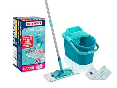 Leifheit Set POWER CLEAN M, back-friendly floor wiper with cleaning blades and wipe press, mop set with bucket and 2x microfiber wiper covers for all hard floors, click system on sale